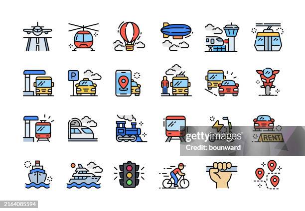 transportation line color icons editable stroke - airplane tunnel stock illustrations