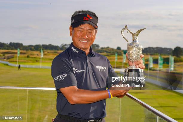 Choi of Korea poses with the trophy during day four of the Senior Open Championship presented by Rolex at Carnoustie Golf Links on July 28, 2024 in...
