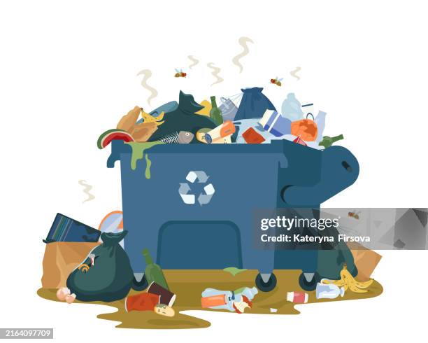 large metal garbage container with unsorted trash. decaying garbage and trash bags left lying around dump that smells ugly and started to decompose. vector illustration isolated on white. - rubbish isolated stock illustrations