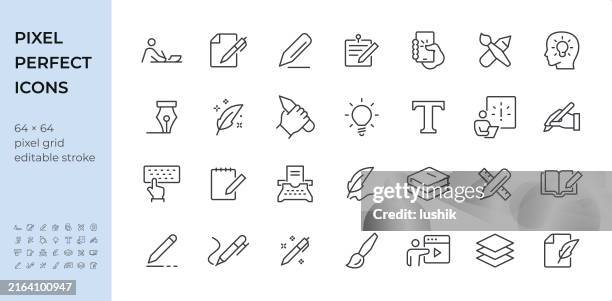 writing icon set. editable stroke weight. pixel perfect icons. - letter document stock illustrations