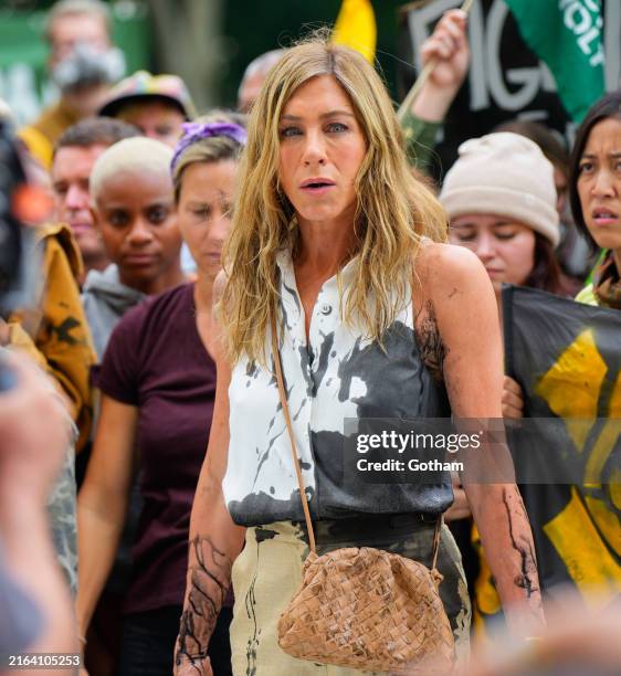 Jennifer Aniston is seen filming on the set of 'The Morning Show' on July 28, 2024 in New York City.