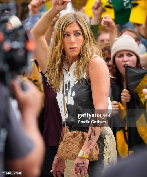Jennifer Aniston is seen filming on the set of 'The Morning Show' on July 28, 2024 in New York City.