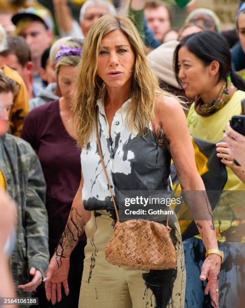 Jennifer Aniston is seen filming on the set of 'The Morning Show' on July 28, 2024 in New York City.