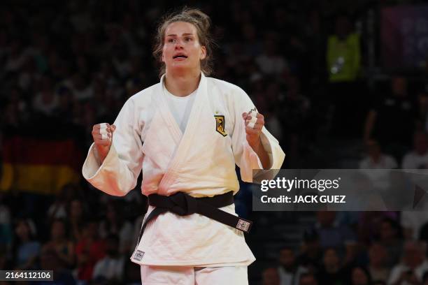 Germany's Anna-Maria Wagner reacts after beating Japan's Rika Takayama in the judo women's -78kg quarter-final bout of the Paris 2024 Olympic Games...