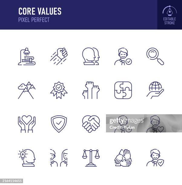 ilustraciones, imágenes clip art, dibujos animados e iconos de stock de conjunto de iconos de valores fundamentales: integridad, respeto, responsabilidad, trabajo en equipo, innovación, excelencia, confianza, responsabilidad, diversidad, iconos vectoriales, trazo editable, píxel perfecto - dedicación