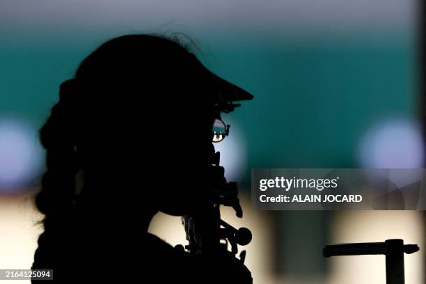 Norway's Jeanette-Hegg Duestad competes in the women 50 meters Rifle 3 positions qualifications during the Paris 2024 Olympic Games at Chateauroux...