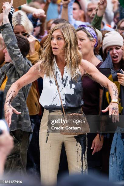 Jennifer Aniston is seen filming 'The Morning Show' season 4 in the Flatiron District on July 28, 2024 in New York City.