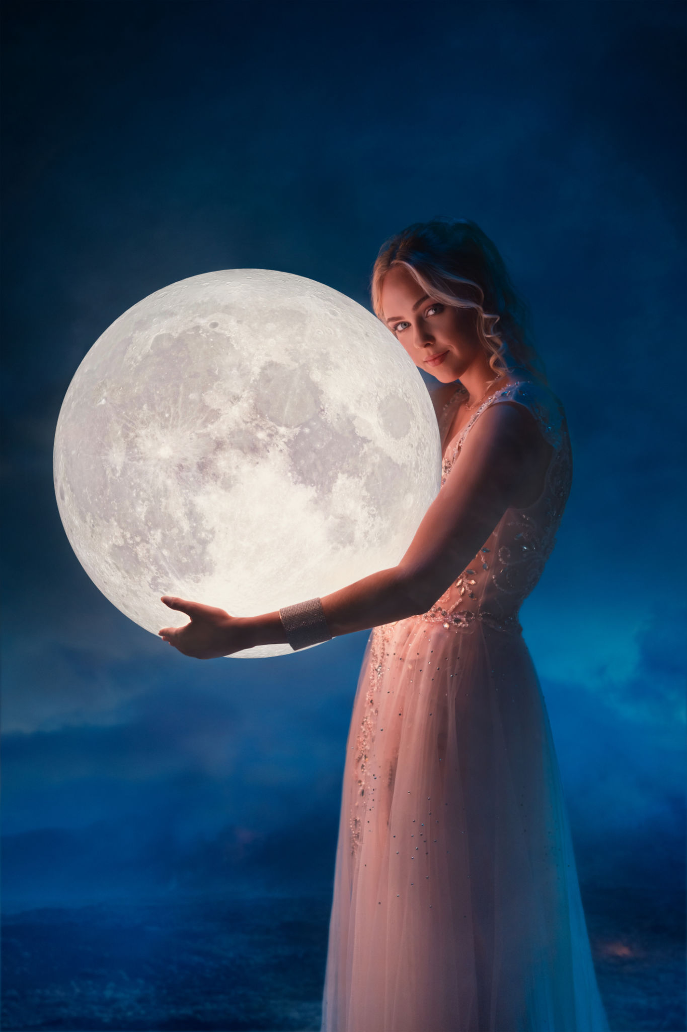 Woman Embracing Glowing Full Moon Night Woman Embracing Glowing Full Moon Night