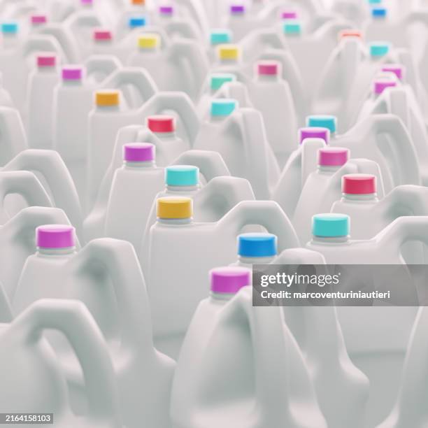 bleach plastic bottles, many - laundry-detergent-containers stock pictures, royalty-free photos & images