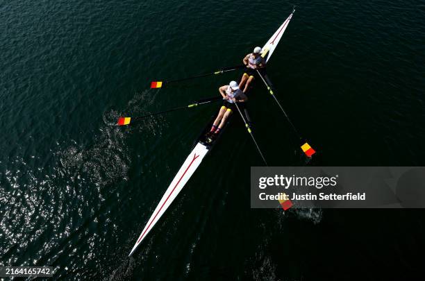 Niels van Zandweghe and Tibo Vyvey of Team Belgium sail to the the start line prior to the Lightweight Men's Double Sculls repechage on day three of...