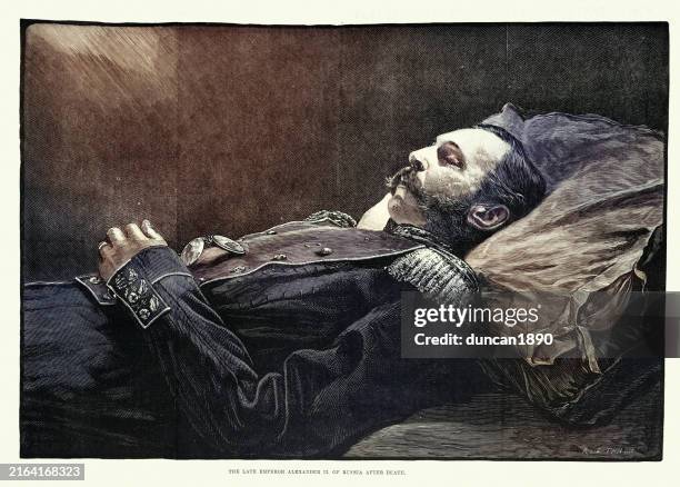 ilustraciones, imágenes clip art, dibujos animados e iconos de stock de el emperador alejandro ii de rusia yace en el estado, 1881, siglo xix victoriano - funeral