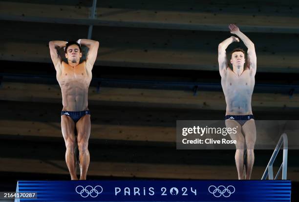 Thomas Daley and Noah Williams of Team Great Britain compete in the Men’s Synchronised 10m Platform Final on day three of the Olympic Games Paris...