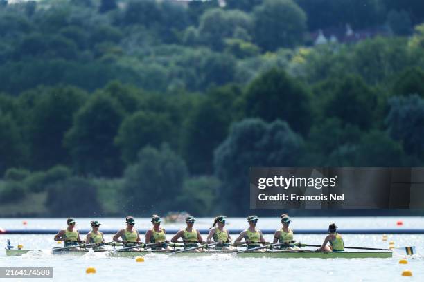 Team Australia competes in the Rowing Women's Eight heat on day three of the Olympic Games Paris 2024 at Vaires-Sur-Marne Nautical Stadium on July...