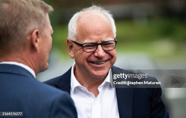 Minnesota Governor Tim Walz arrives to speak at a press conference regarding new gun legislation at City Hall on August 1, 2024 in Bloomington,...