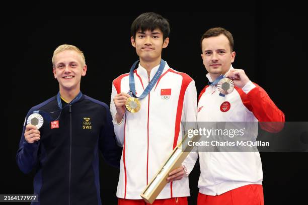 Gold medalist Lihao Sheng of Team People’s Republic of China , Silver medalist Victor Lindgren of Team Sweden and Bronze medalist Miran Maricic of...