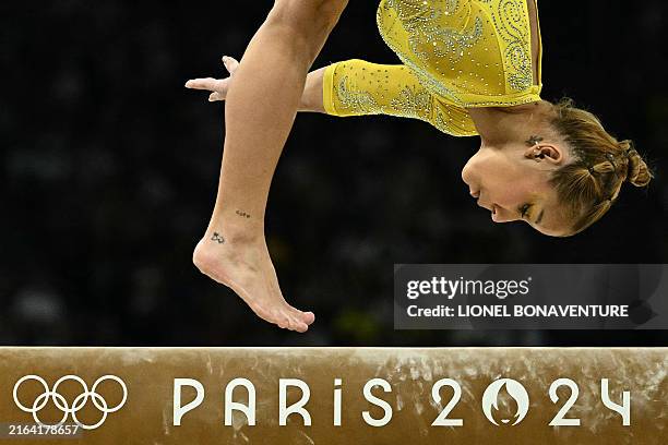 Brazil's Flavia Saraiva competes in the balance beam event of the artistic gymnastics women's all around final during the Paris 2024 Olympic Games at...
