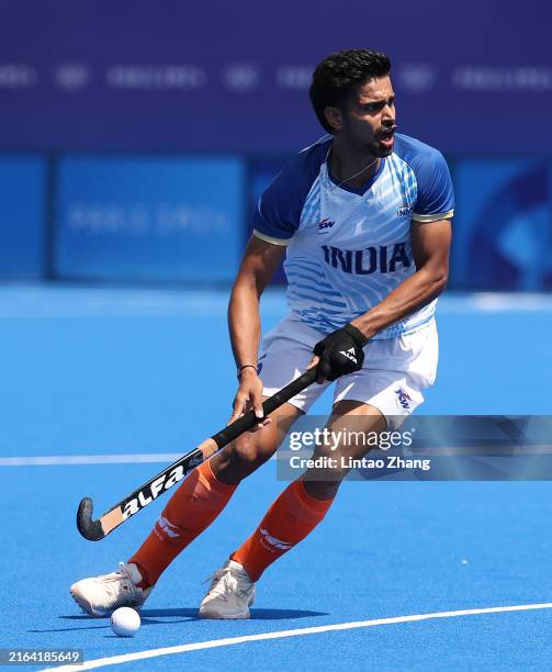 Abhishek Abhishek of Team India controls the ball during the Men's Pool B match between India and Argentina on day three of the Olympic Games Paris...