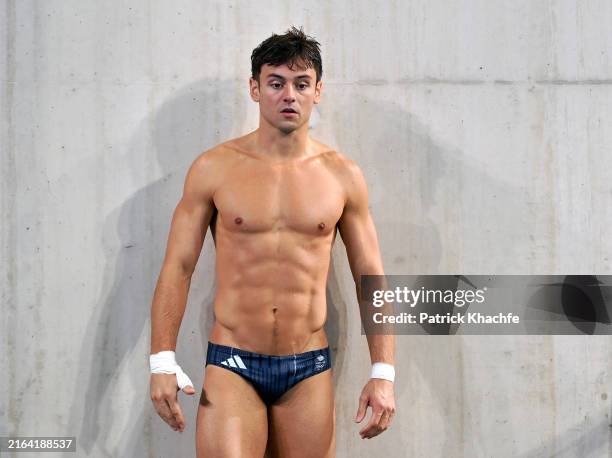 Tom Daley of Great Britain looks on prior to the Men’s Synchronised 10m Final on day three of the Olympic Games Paris 2024 at Aquatics Centre on July...