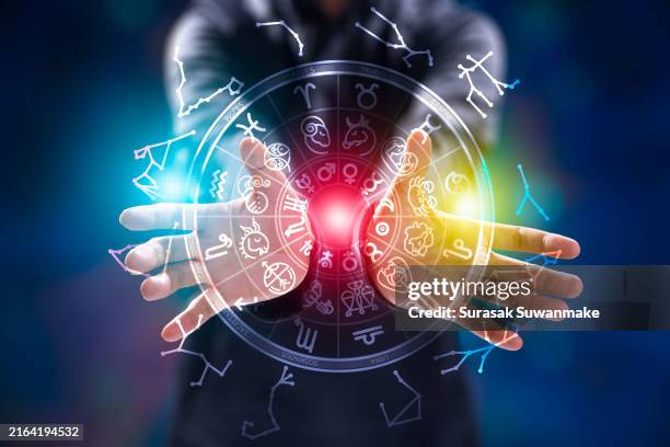 zodiac signs and astrology with constellations, concepts, predictions, horoscopes, beliefs - astrologia imagens e fotografias de stock