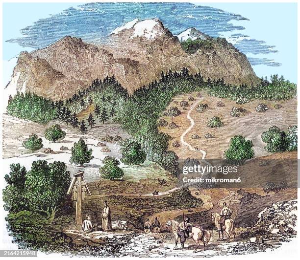 old engraving illustration of peaks of the bucegi mountains (located in central romania and part of the southern carpathians group of the carpathian mountains) - engraved image stock pictures, royalty-free photos & images