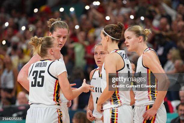 Team Belgium huddle up during the game against the USA Women's National Team on August 1, 2024 at the Stade Pierre Mauroy in Paris, France. NOTE TO...