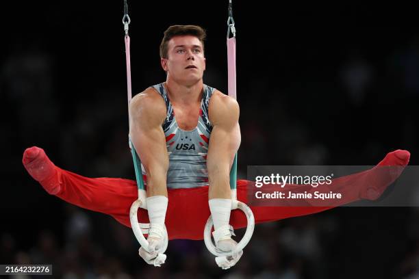 Brody Malone of Team United States competes on the rings during the Artistic Gymnastics Men's Team Final on day three of the Olympic Games Paris 2024...