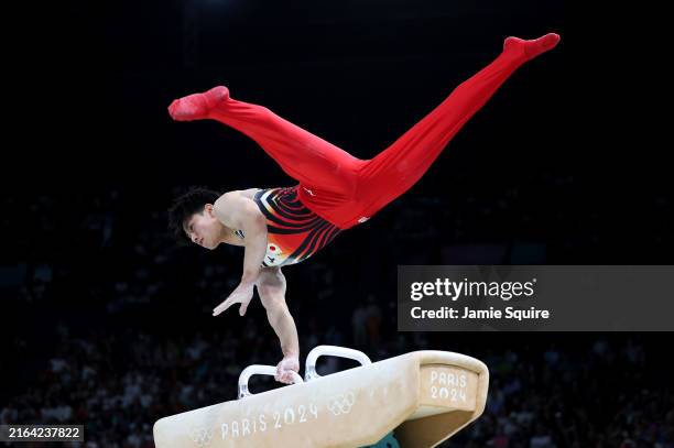 Daiki Hashimoto of Team Japan competes on the pommel horse during the Artistic Gymnastics Men's Team Final on day three of the Olympic Games Paris...