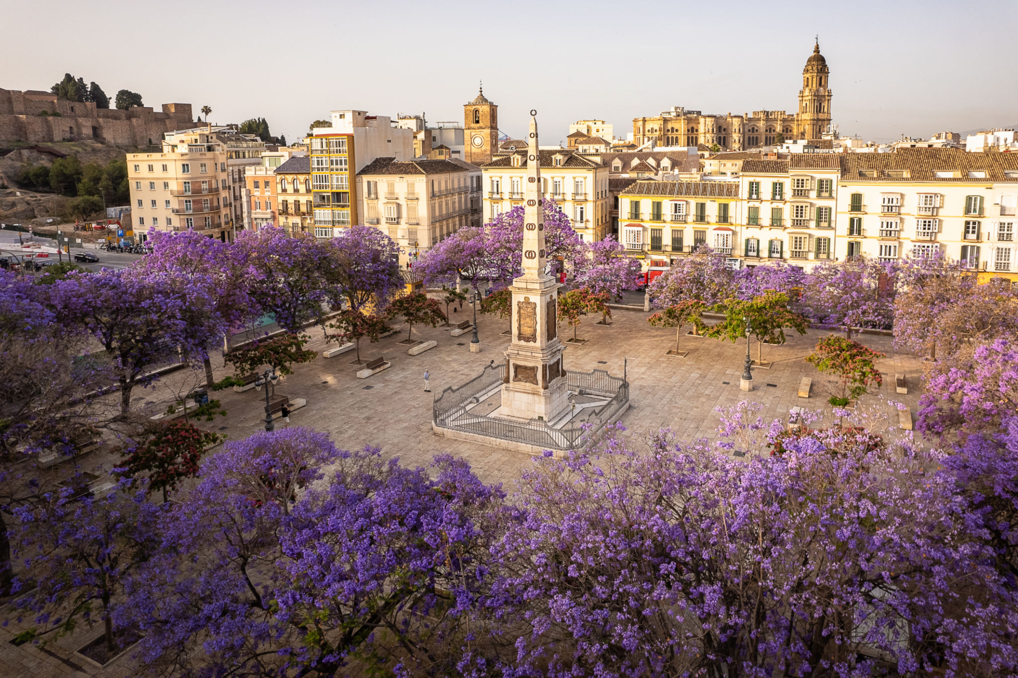 Drone view of the empty Plaza de la Merced in downtown Malaga Spain taken during early morning hours stock photo Drone view of the empty Plaza de la Merced in downtown Malaga Spain taken during early morning hours stock photo
