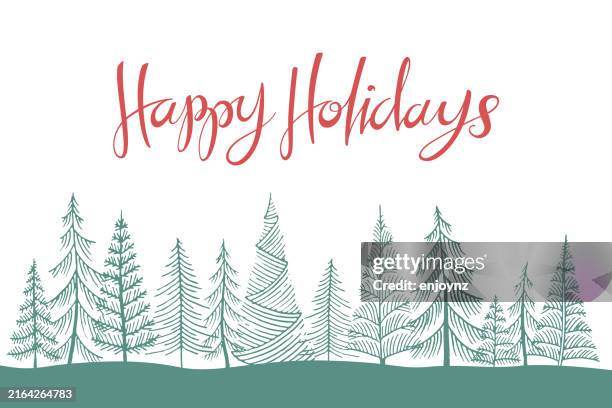 illustrazioni stock, clip art, cartoni animati e icone di tendenza di disegnato a mano divertente albero di natale disegni sfondo - buone vacanze frase breve