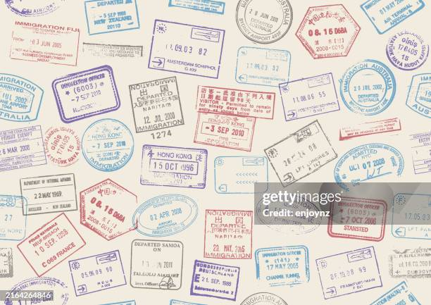 illustrazioni stock, clip art, cartoni animati e icone di tendenza di timbri di viaggio per passaporti senza soluzione di continuità - timbro-del-passaporto