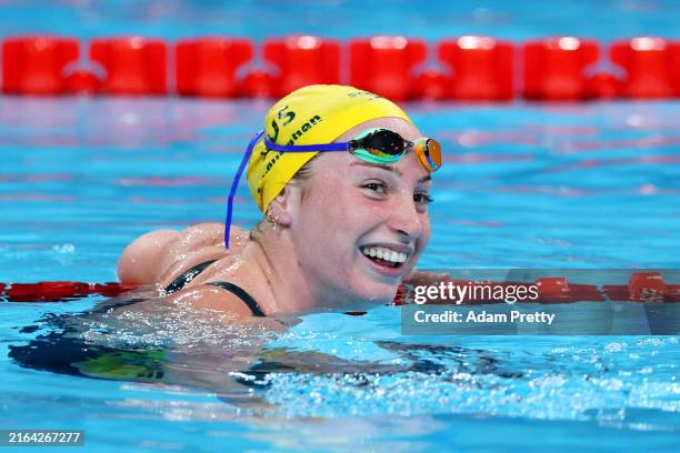 Mollie O'Callaghan of Team Australia celebrates after winning gold in the Women’s 200m Freestyle Final on day three of the Olympic Games Paris 2024...