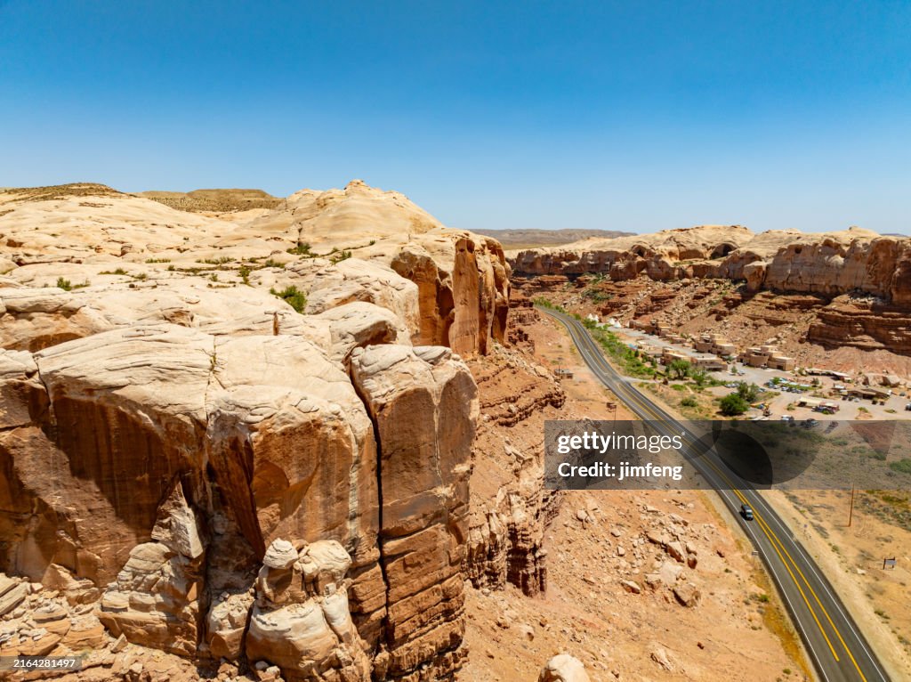Navajo Twins Rock Formation, U.S. Highway 191 and Bluff town, Utah, USA