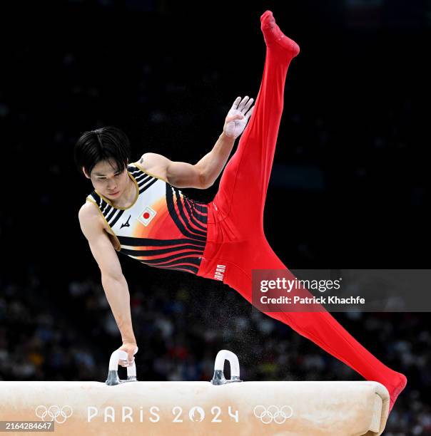 Kaya Kazuma of Japan performs on the pommel horse during the Men's Team Final on day three of the Olympic Games Paris 2024 at Bercy Arena on July 29,...