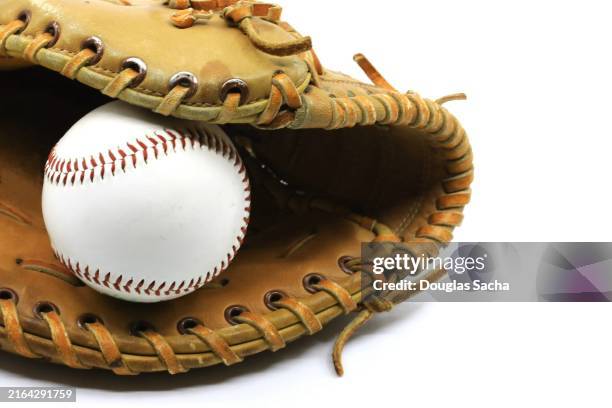 ball glove and baseball - offset - baseball glove texture stock pictures, royalty-free photos & images