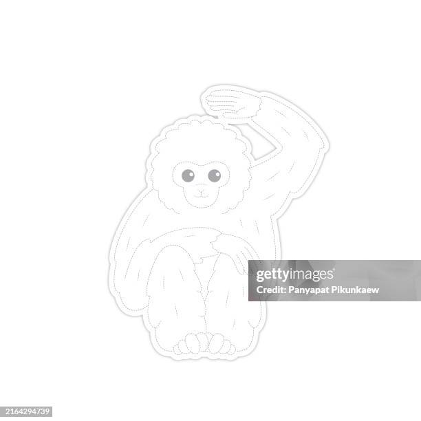 vektorillustration von gibbon isoliert auf weißem hintergrund. niedlicher gibbon, der sitzt und den arm hebt. punkt-zu-punkt-strichzeichnung damit kinder lernen, linien entlang der gestrichelten linien zu zeichnen. - connect the dots englische redewendung stock-grafiken, -clipart, -cartoons und -symbole