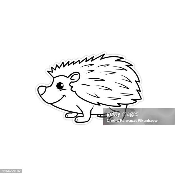 vector illustration of hedgehog standing isolated on white background.black and white drawing for children to learn to color according to the picture. - preschool stock illustrations