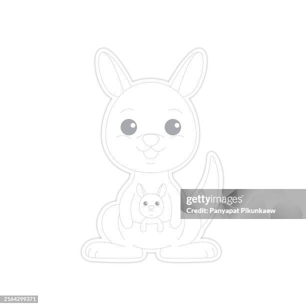 vector illustration of cute cartoon kangaroo carrying baby in pouch.dot to dot line drawing for children to learn to draw lines along the dotted lines. - kangaroo and baby icon stock illustrations