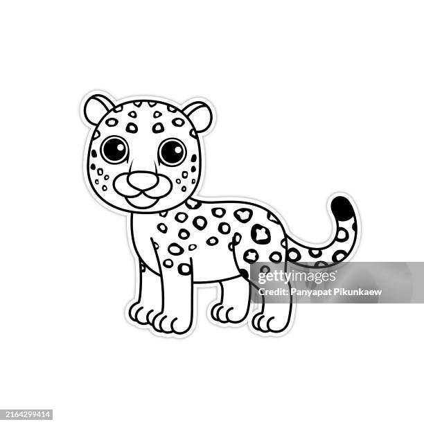 ilustraciones, imágenes clip art, dibujos animados e iconos de stock de ilustración vectorial de jaguar de pie. dibujo en blanco y negro para que los niños aprendan a colorear según la imagen. - colorear