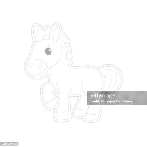 vector illustration of cartoon horse isolated on white background.dot to dot line drawing for children to learn to draw lines along the dotted lines. - mare stock illustrations