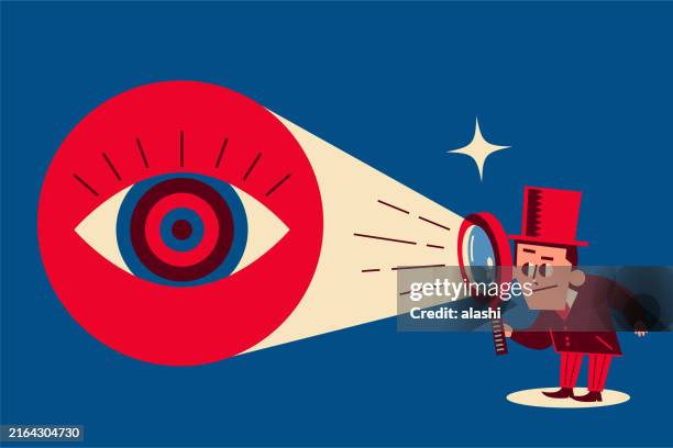 ilustraciones, imágenes clip art, dibujos animados e iconos de stock de un detective, un hombre de negocios o un científico examina a través de una lupa que tiene un ojo grande. perspicacia y descubrimiento, análisis crítico y precisión, curiosidad y exploración - lupa instrumento óptico