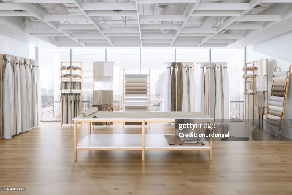 Curtain Shop With Variation Of Fabric Samples. Home Decoration Concept