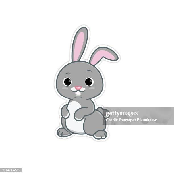 illustrazioni stock, clip art, cartoni animati e icone di tendenza di illustrazione vettoriale dell'adorabile coniglietto grigio dei cartoni animati seduto - coniglio
