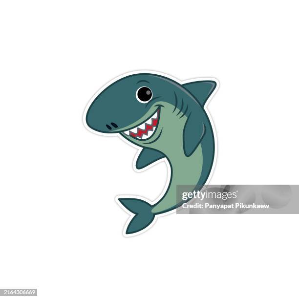 vector illustration of happy cartoon shark smiling and having fun. - shark teeth stock illustrations