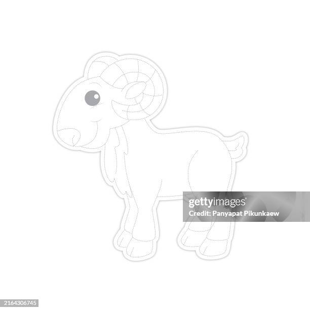 vector illustration of urial black and white drawing for children to learn to color according to the picture dot to dot line drawing for children to learn to draw lines along the dotted lines. - toy farm animals stock illustrations