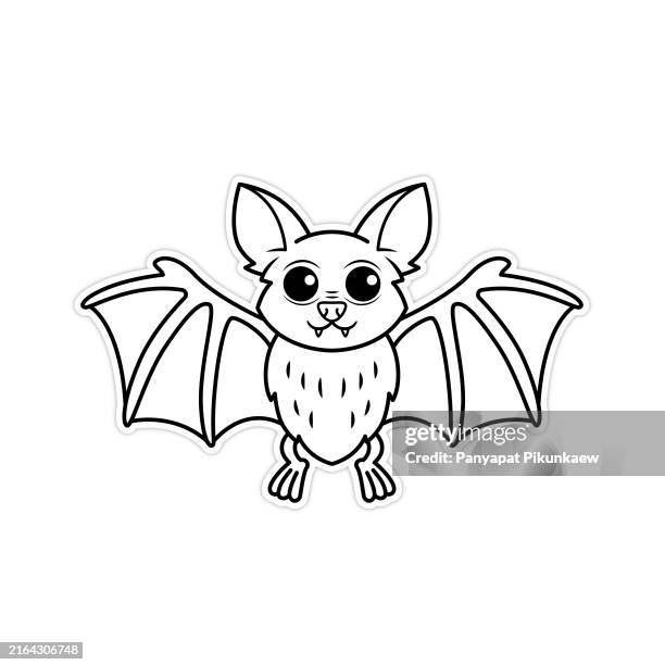 ilustraciones, imágenes clip art, dibujos animados e iconos de stock de ilustración vectorial de un lindo murciélago de dibujos animados que extiende sus alas dibujo en blanco y negro para que los niños aprendan a colorear de acuerdo con la imagen. - colorear