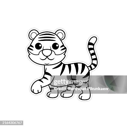Ilustração vetorial de filhote de tigre feliz andando com um sorriso desenho em preto e branco para que as crianças aprendam a colorir de acordo com a imagem. Ilustração vetorial de filhote de tigre feliz andando com um sorriso desenho em preto e branco para que as crianças aprendam a colorir de acordo com a imagem.