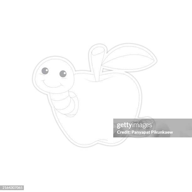 vector illustration of cute worm eating his way through a red apple dot to dot line drawing for children to learn to draw lines along the dotted lines. - school snacks stock illustrations