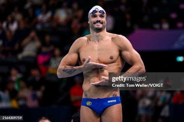 Florent Manaudou of France looks on during a trainig session on day three of the Olympic Games Paris 2024 at the Paris La Defense Arena on July 29,...