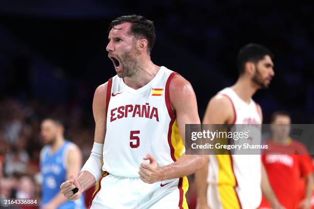 Rudy Fernandez of Team Spain celebrates during the Men's Group Phase - Group A match between Team Spain and Team Greece on day four of the Olympic...