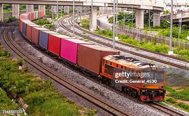 train transport cargo container to port. - unloading-rail-car stock pictures, royalty-free photos & images